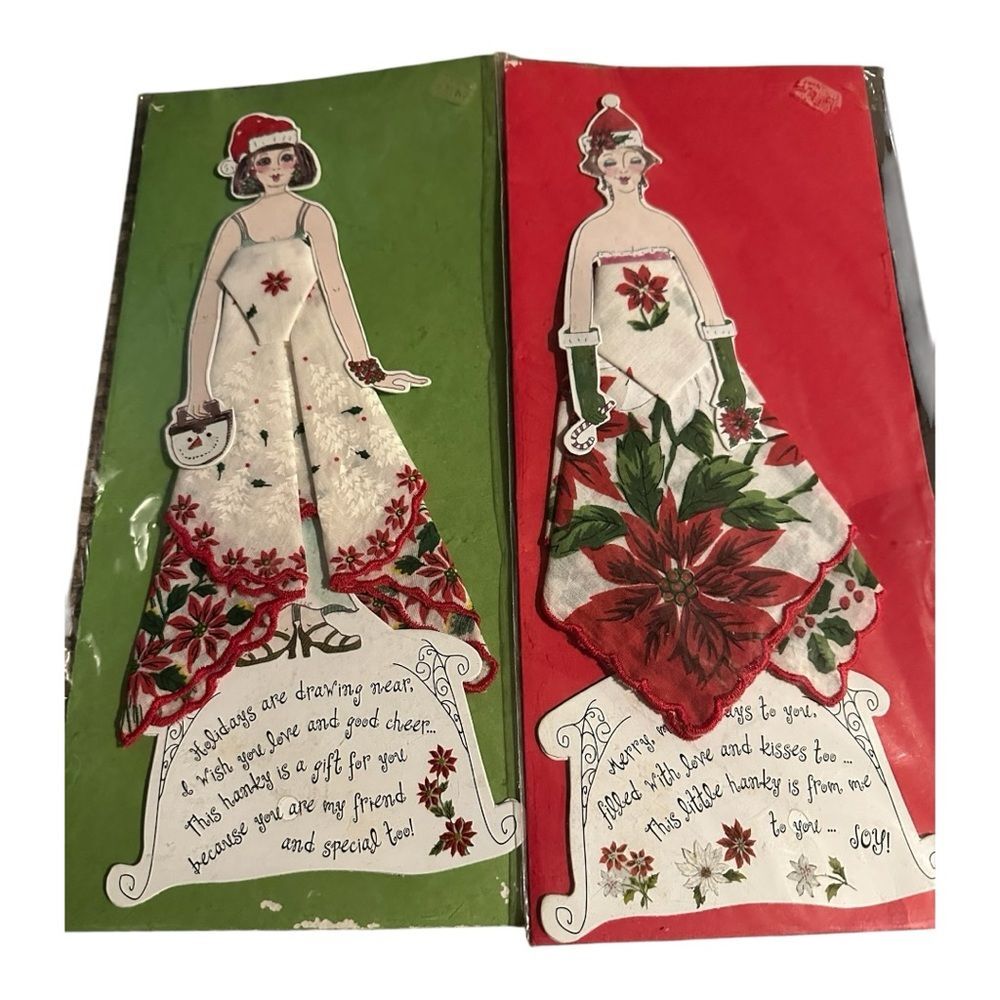 2 Vintage Merry Christmas Holiday with girl wearing 
Handkerchief Greeting Card